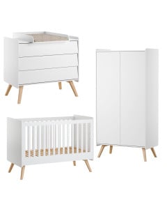 Pack trio chambre bébé avec lit 70x140 cm, commode à langer et armoire 2 portes collection Vintage de la marque Vox, finition blanche avec pieds en bois de chêne massif