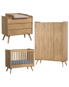 Pack chambre bébé Vintage VOX finition chêne – lit 60x120, commode à langer et armoire 3 portes coordonnées