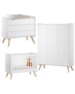 Pack trio chambre bébé Vintage VOX blanc avec lit 60x120, commode à langer et armoire trois portes sur pieds en bois naturel
