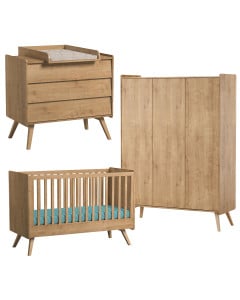 Pack chambre bébé Vintage VOX en bois chêne avec lit évolutif 70x140, commode à langer et armoire 3 portes