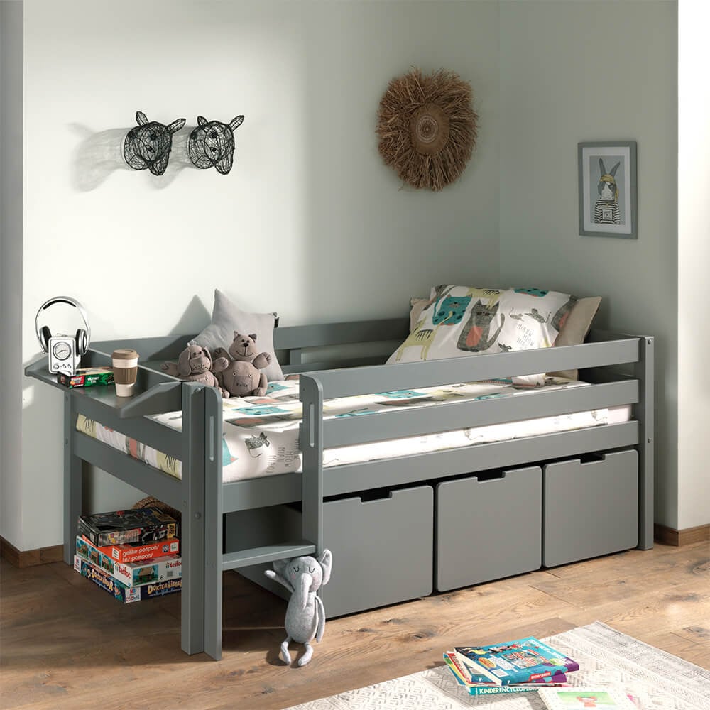 Lit mi-hauteur London Gris 90x190 + matelas, lit surélevé enfant