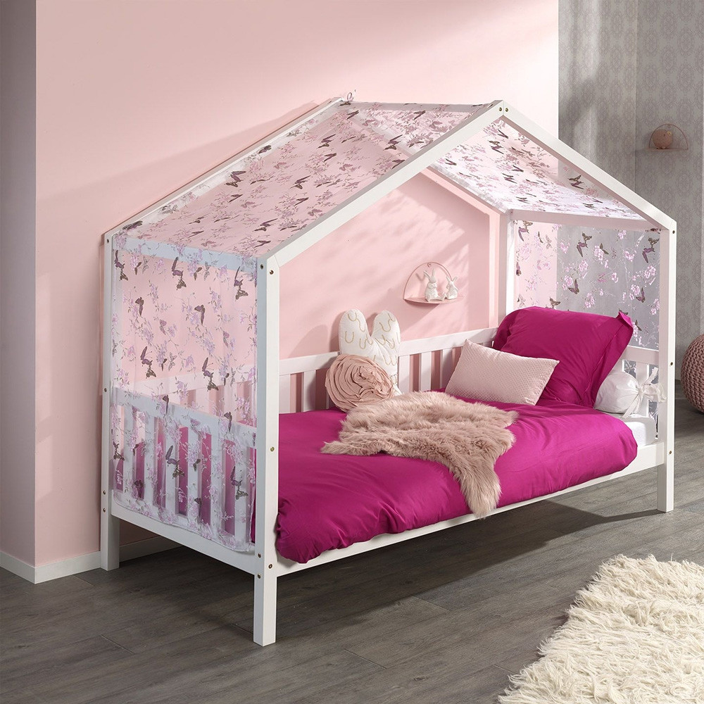 Lit cabane 90x200 cm Lit superposé lit d'enfant lit de maison pour filles  et garçons avec échelle & baldaquin blanc