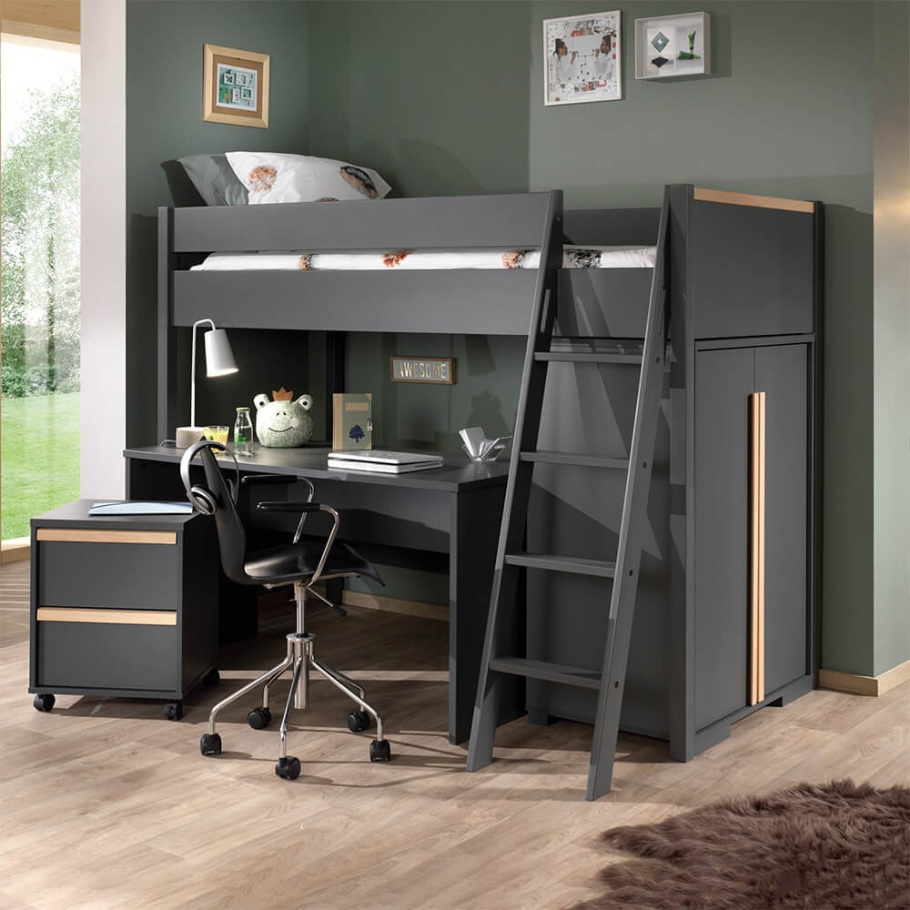 Lit Mezzanine Enfant Bureau & Armoire Anthracite Delio