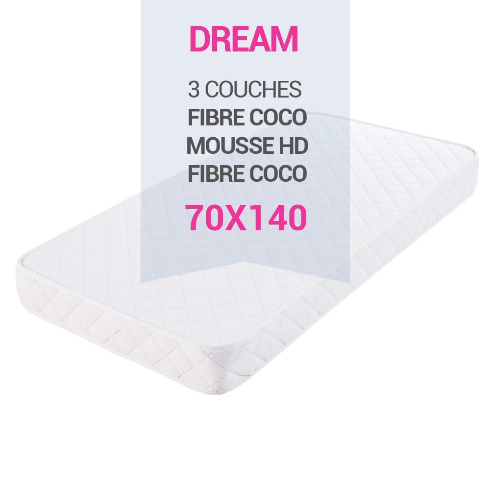 Matelas Lit Bébé 70x140 - Mousse + Fibre Coco - Babydream