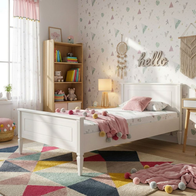 Chambre enfant lumineuse décorée dans des tons pastel avec papier peint motifs géométriques et nature, tapis coloré et mobilier en bois clair, mettant en valeur le lit 2 places enfant Ines Lys blanc avec linge de lit rose et guirlande de pompons, accompag
