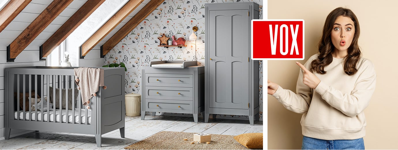 Chambre bébé équipée avec meubles de la collection Milenne au coloris gris par le fabricant polonais VOX