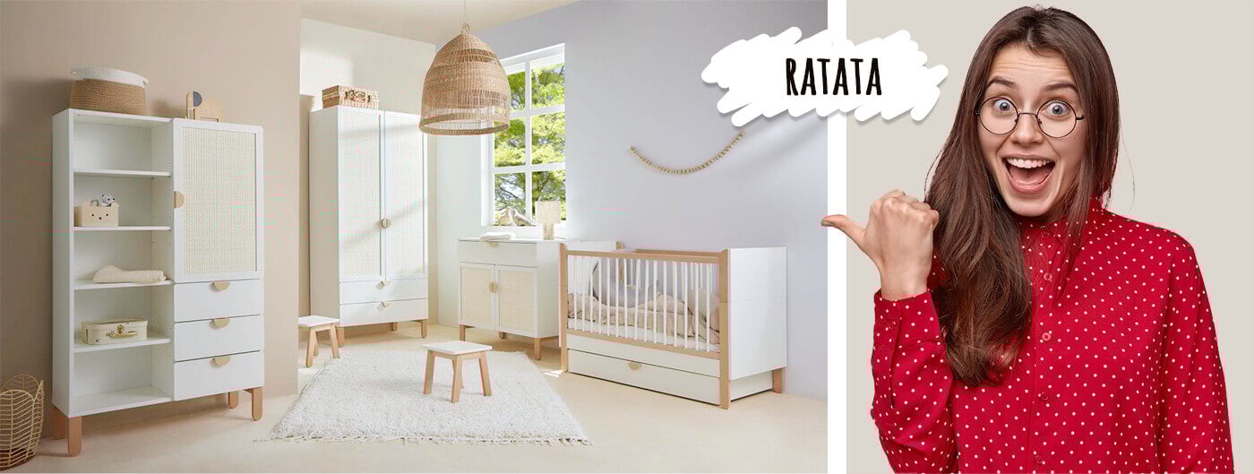 Chambre bébé Ratata avec cannage en rotin naturel par Bellamy, incluant lit évolutif, commode et armoire