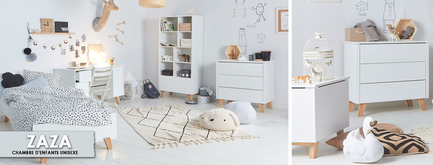 Meuble pour chambre à coucher enfant Zaza bois et blanche