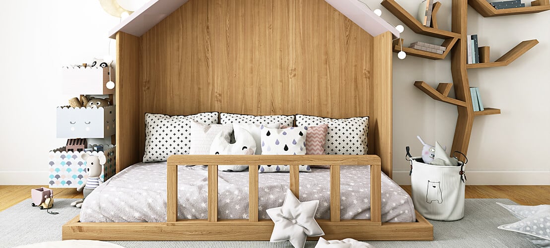 Lit Cabane 2 Places pour Enfant - Bois Massif, Montessori et Rangement Intégré