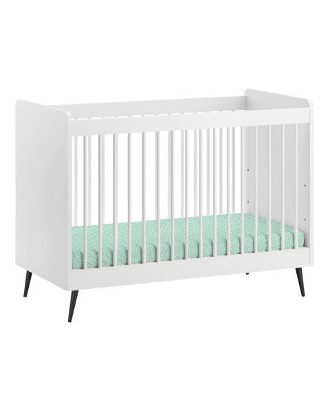 Lit bébé Vox 60x120 Blanca, blanc avec touches noires, style moderne. Disponible chez Jurassien.