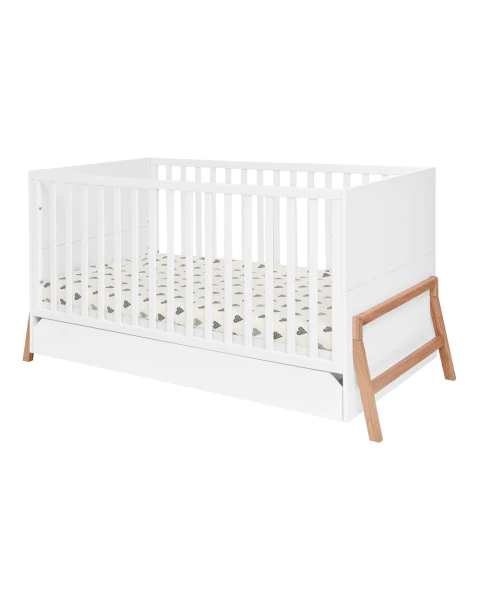 Lit bébé évolutif blanc 70x140 cm avec tiroir et pieds en bois naturel, design scandinave - Bellamy Lotta