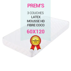 Matelas 60x120 BabyPrem’s : Fibre de Coco + Mousse + Latex