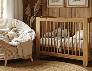 Chambre bébé en bois massif avec lit à barreaux et fauteuil en rotin dans une ambiance naturelle