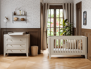 Chambre bébé Milenne sable de Vox avec lit évolutif, commode et armoire assortis