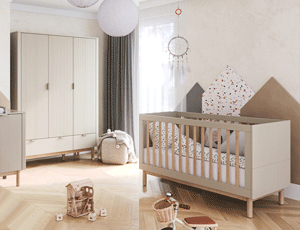 Chambre bébé Miloo champagne de Pinio avec lit à barreaux et armoire assortie