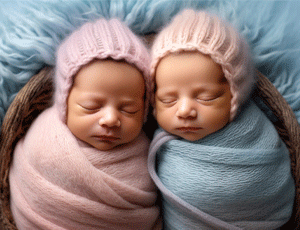 Deux bébés emmaillotés en rose et bleu, symbolisant une chambre bébé mixte